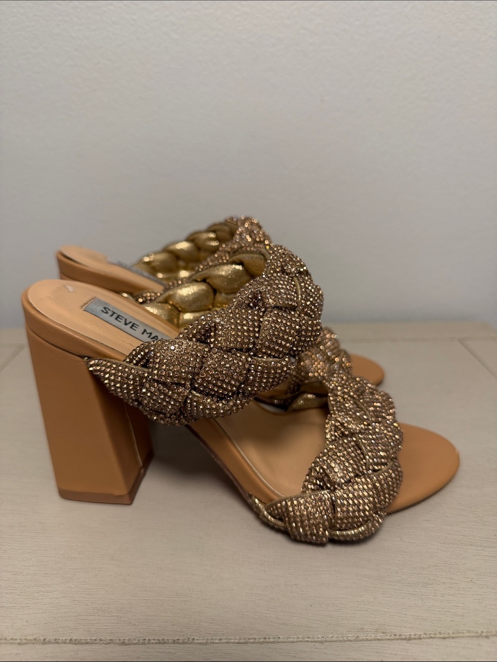 Steve Madden Nider-R Rhinestone Braided Block Heel Sandals Rose Gold Tan 5.5